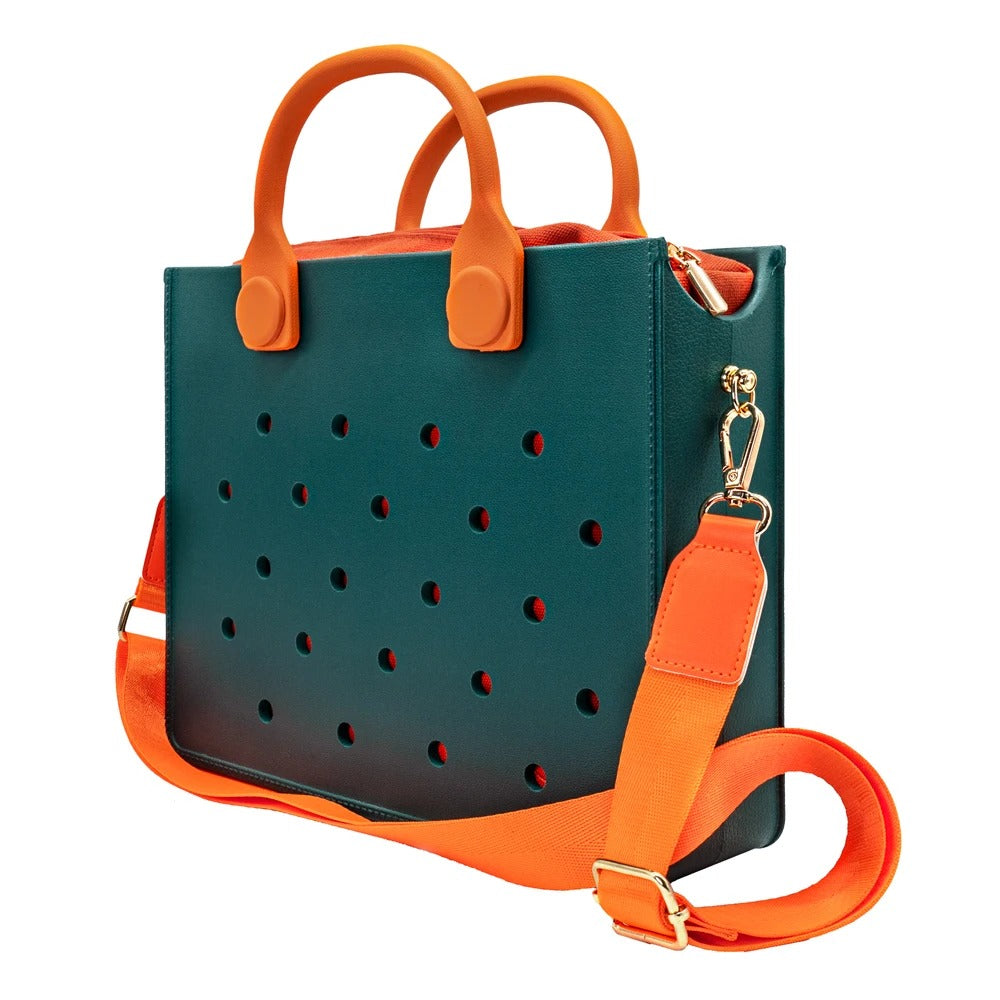Ninabagfashion borsa in gomma eva verde con sacca interna di cotone arancione e tracolla arancione
