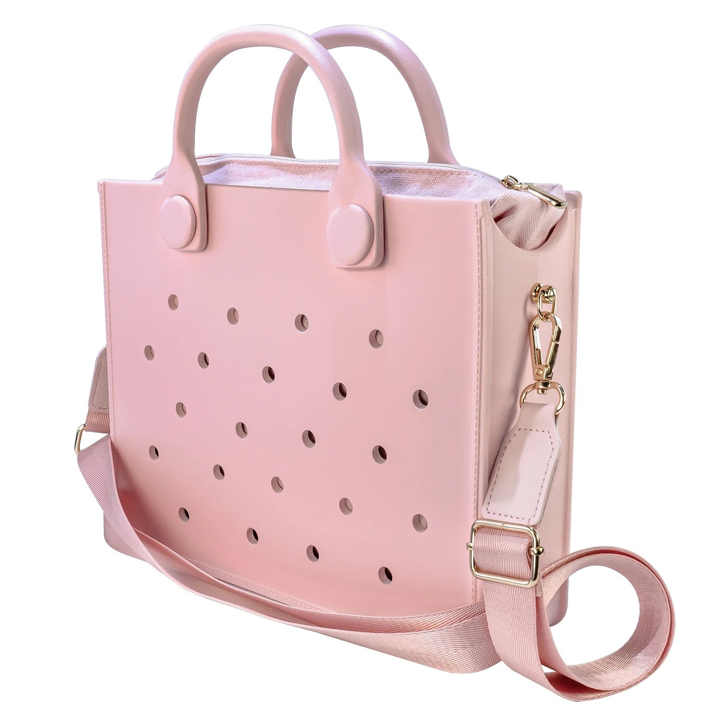 Ninabagfashion borsa in gomma eva con sacca interna di cotone con zip tutto rosa chiaro, la borsa presenta buchi di 0.80 cm per inserire dei charms